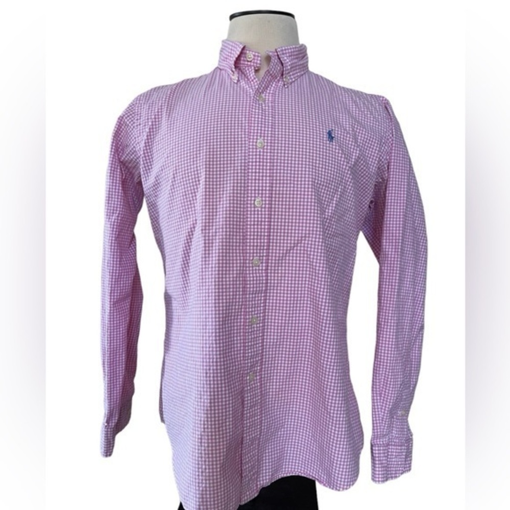 RALPH LAUREN Pink Gingham‎ Custom Fit Button Down Pony Logo Preppy Size LARGE